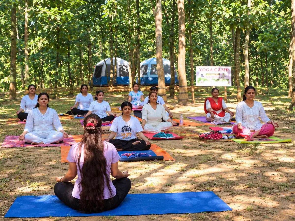 Yoga camp in the jungle with tents in the background