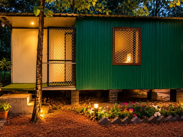 Green container house under warm lights among forest trees